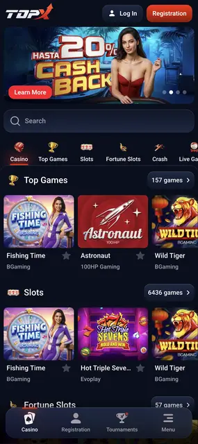 TopX en el móvil: lobby principal con la promo de cashback